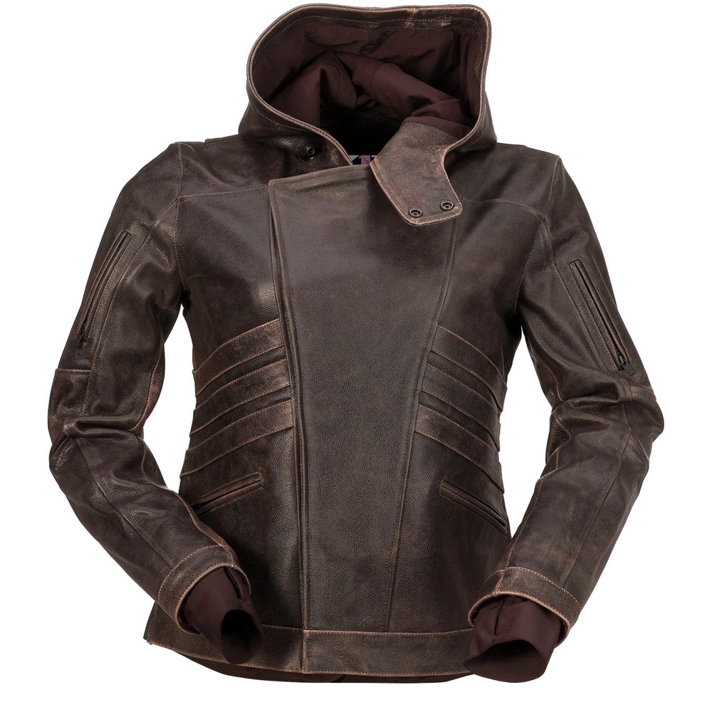 Z1R Brown Leather Biker Jacket Bomber Hoodie